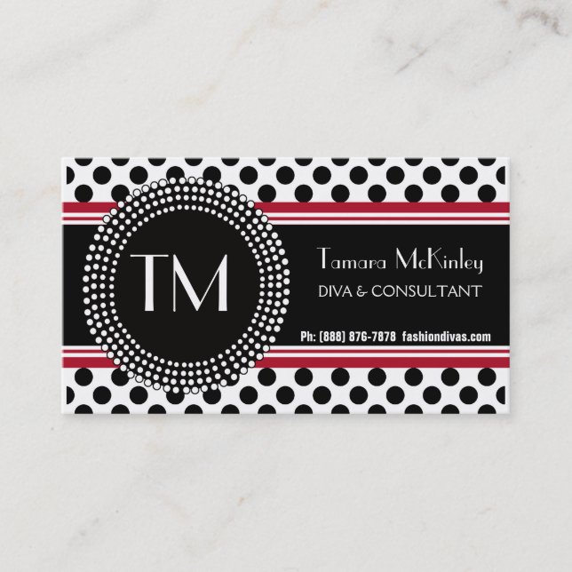 Stylish Black and White Modern PolkaDots Business Card (Front)