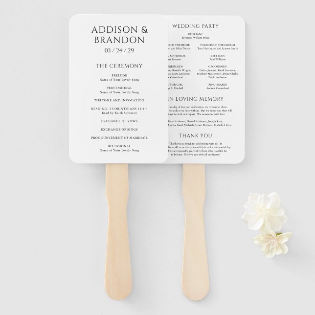 Stylish Black and White Modern Wedding Program Hand Fan (Front and Back)