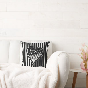 Stylish Black and white musical notes and piano Throw Pillow