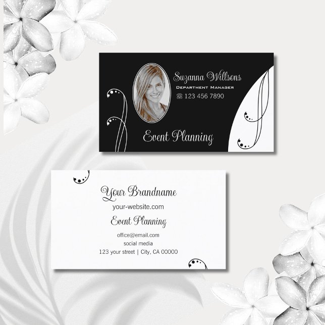 Stylish Black and White Ornate with Portrait Photo Business Card (Creator Uploaded)