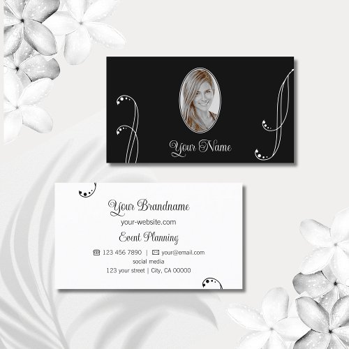 Stylish Black and White Ornate with Portrait Photo Business Card