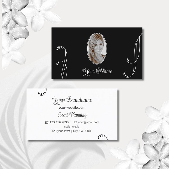 Stylish Black and White Ornate with Portrait Photo Business Card (Creator Uploaded)