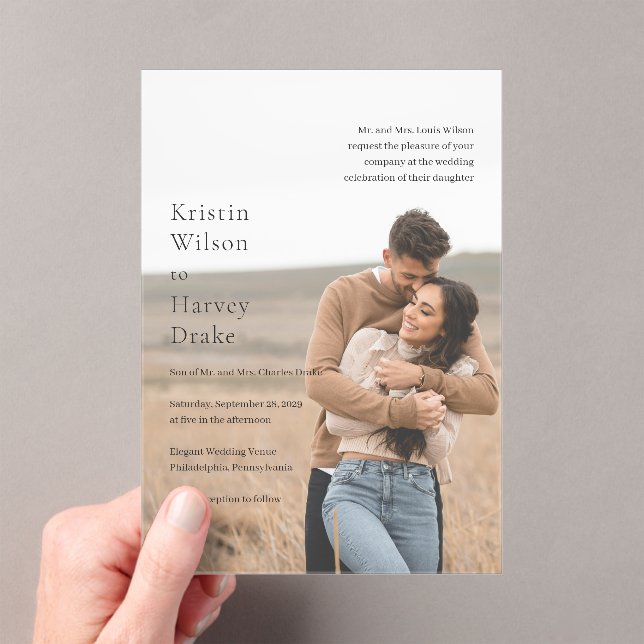 Stylish Black and White Photo Modern Wedding Acrylic Invitations (Insitu (Handheld))