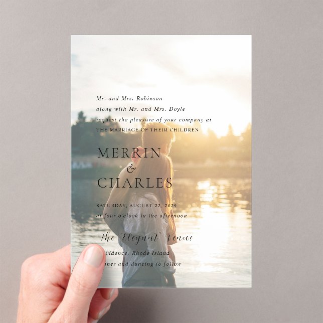 Stylish Black and White Photo Modern Wedding Acrylic Invitations (Insitu (Handheld))