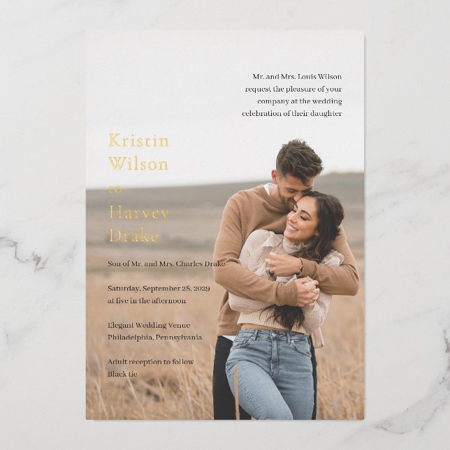 Stylish Black and White Photo Modern Wedding Foil Invitation (Front)