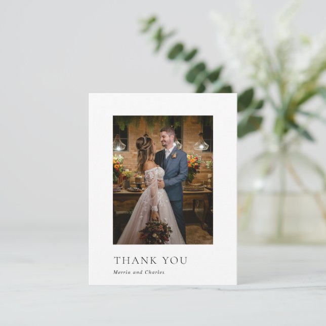 Stylish Black and White Photo Modern Wedding Thank You Card (Standing Front)