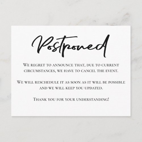 Stylish black and white postponement announcement postcard