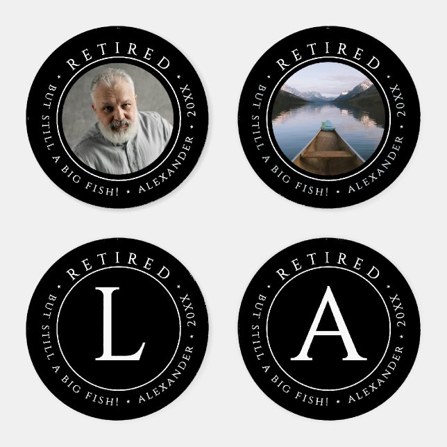 Stylish Black And White Retire Photo Name Initial Coaster Set (Set)