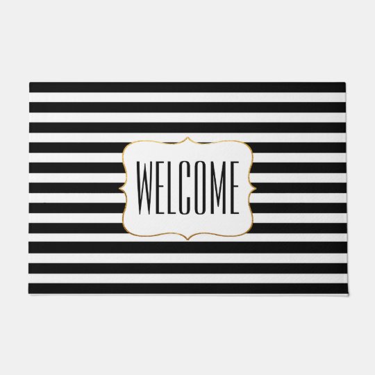 Stylish Black and White Striped Door Mat
