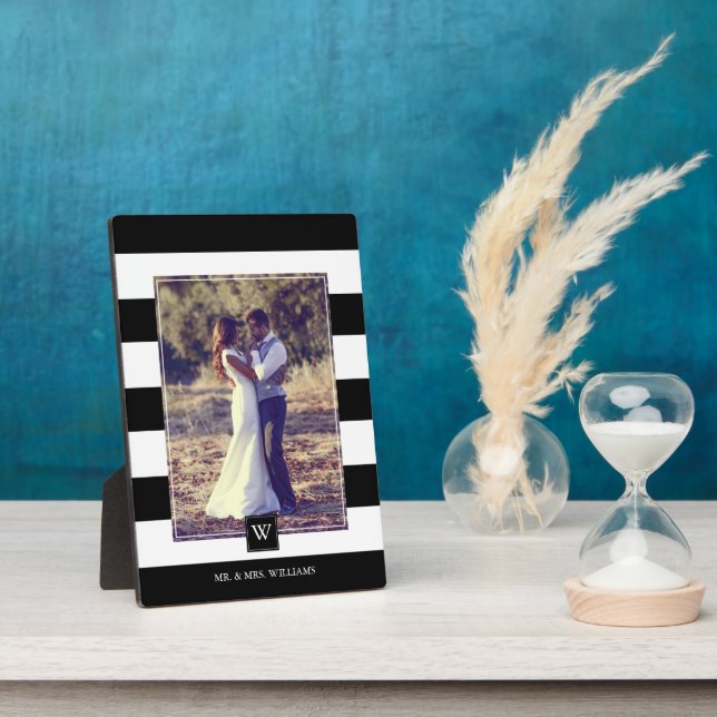 Stylish Black and White Stripes Monogram Plaque (Side)