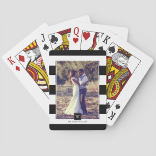 Stylish Black and White Stripes Monogrammed Poker Cards