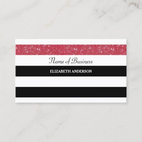 Stylish Black and White Stripes Red FAUX Glitz Business Card