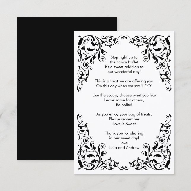 Stylish Black and White Swirls Candy Buffet Thank You Card (Front/Back)