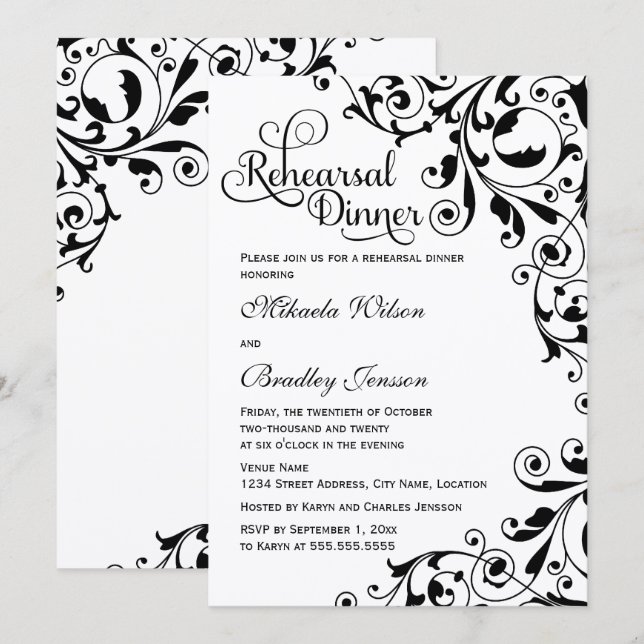 Stylish Black and White Swirls Rehearsal Dinner Invitation (Front/Back)