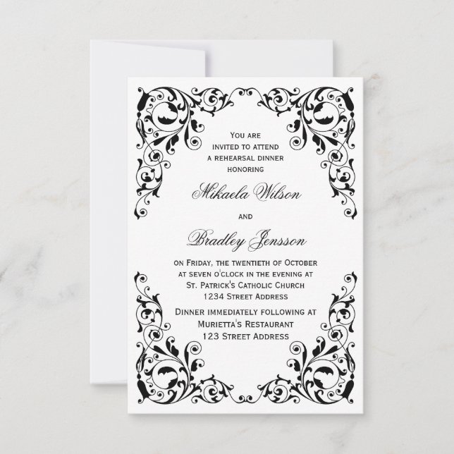 Stylish Black and White Swirls Rehearsal Dinner Invitation (Front)