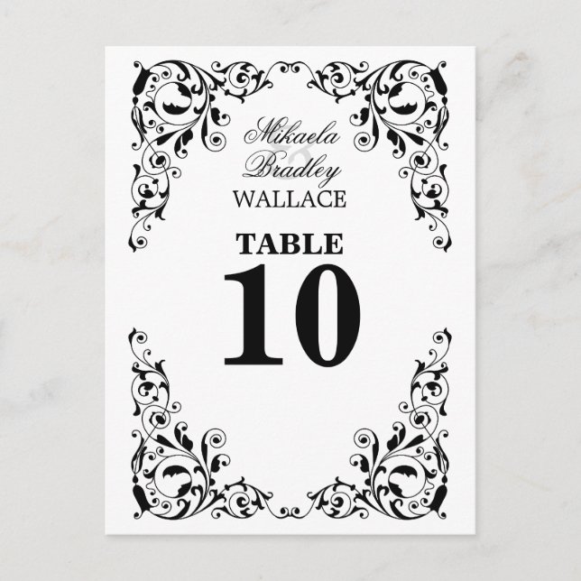 Stylish Black and White Swirls Table Number Card (Front)
