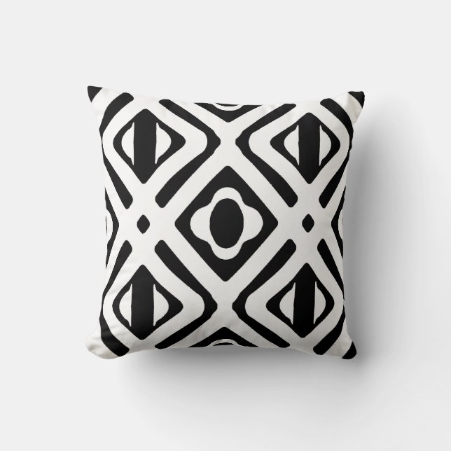Stylish Black and White Tribal Diamond Pattern Throw Pillow (Front)