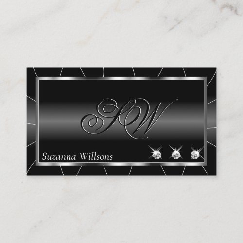 Stylish Black and White with Diamonds  Monogram Business Card