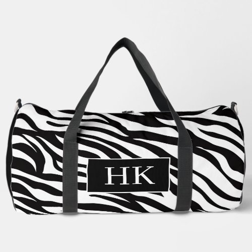 Stylish Black and White Zebra Print with Initials Duffle Bag