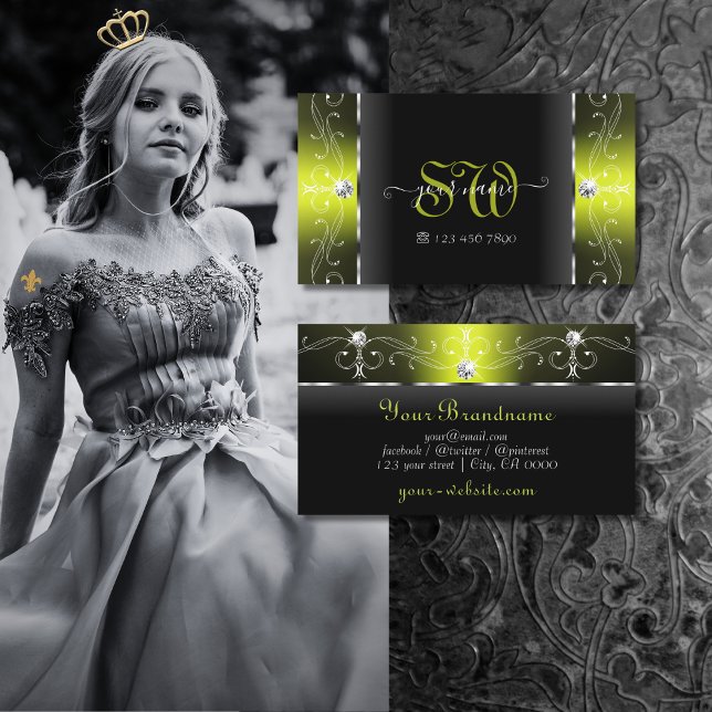 Stylish Black and Yellow Squiggled Jewels Monogram Business Card (Creator Uploaded)
