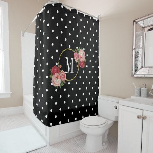 Stylish Black Antique Floral Polka Dots Monogram Shower Curtain