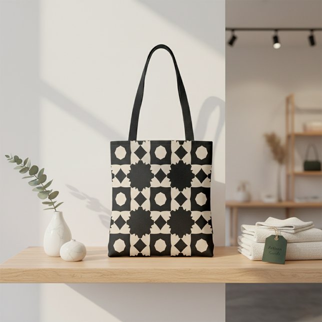 Stylish Black Beige Geometric Pattern Minimalist Tote Bag (Creator Uploaded)