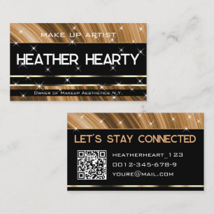 Stylish Black Beige Gold Glitter Stars and QR Code Business Card