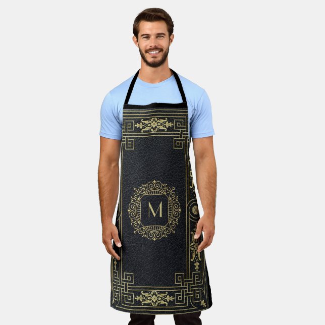 Stylish Black Black Leather Monogram Initial Apron (Worn)