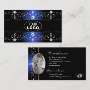 Stylish Black Blue Ornate Borders Jewels Logo Foto Business Card