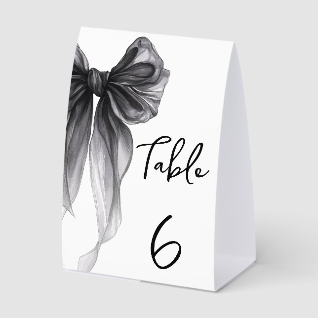 Stylish Black Bow Wedding Bridal Shower Number Paper Table Tent (Front)