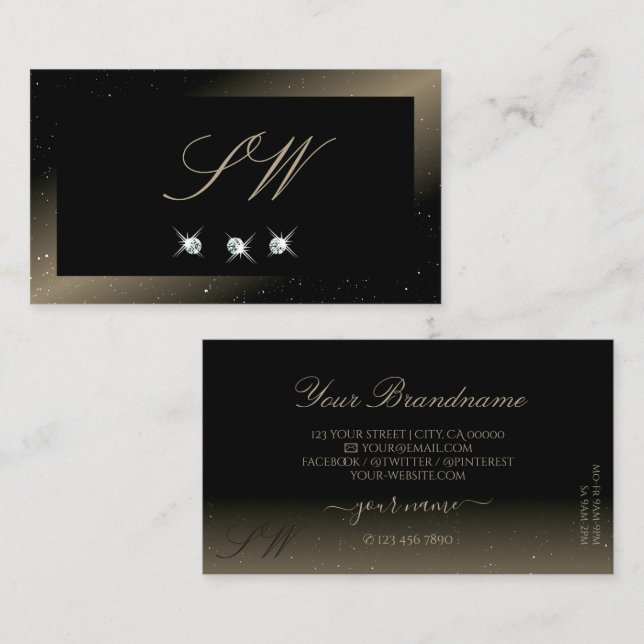 Stylish Black Brown Sparkling Diamonds Monogram Business Card (Front/Back)