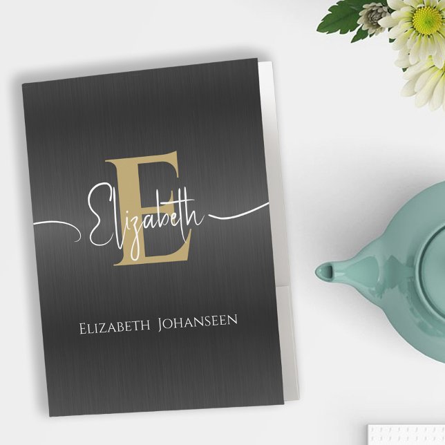 Stylish Black Brushed Metal Gold Monogram Script Pocket Folder (Creator Uploaded)