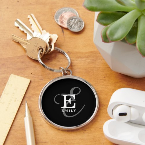 Stylish Black Calligraphy Script Monogram Name Keychain