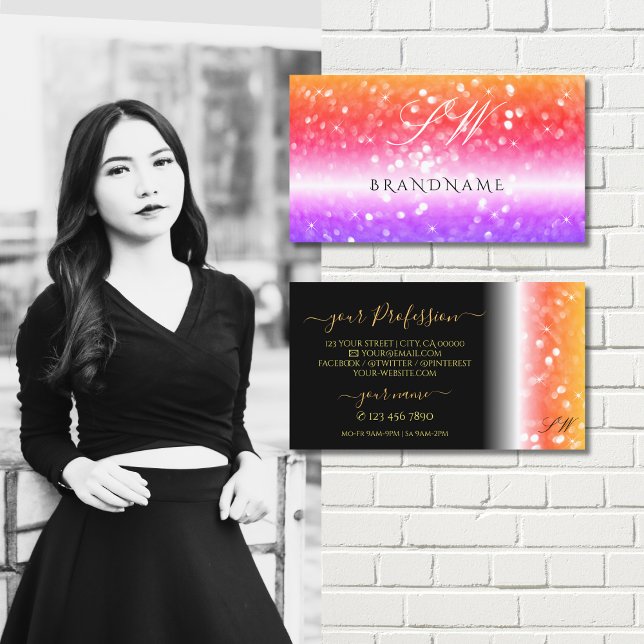 Stylish Black Colorful Sparkling Glitter Initials Business Card (Creator Uploaded)