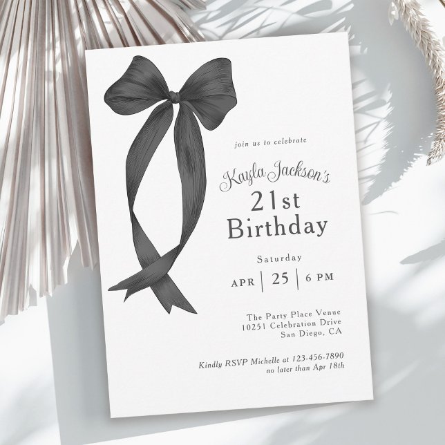Stylish Black Coquette Bow 21st Birthday Party Invitation (Invitation may be ordered in both printed and instant download digital formats.)