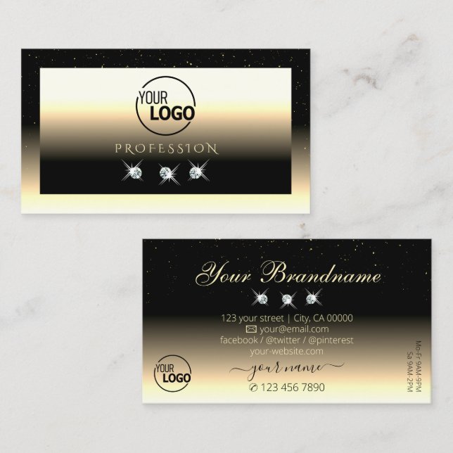 Stylish Black Cream Gold Sparkle Diamonds Add Logo Business Card (Front/Back)