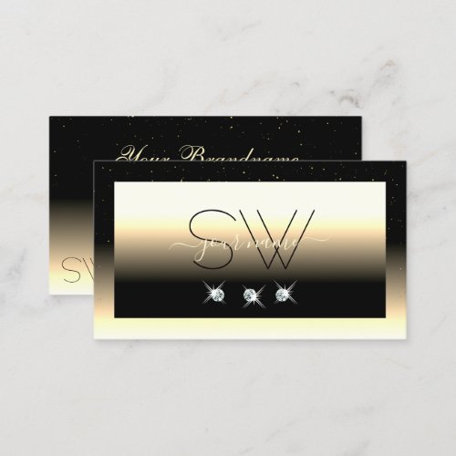 Stylish Black Cream Gold Sparkle Diamonds Monogram Business Card