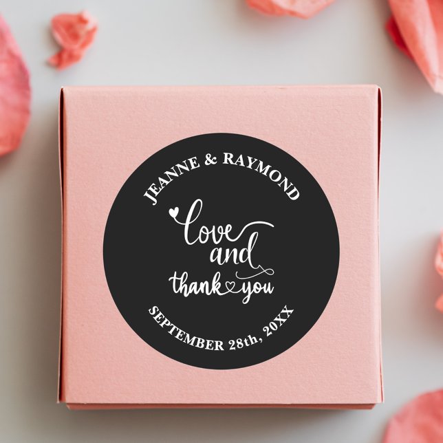 Stylish Black Custom Love and Thank You Wedding Classic Round Sticker (Creator Uploaded)
