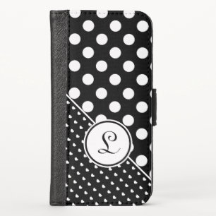 Stylish Black Custom Monogram White Polka Dots iPhone XS Wallet Case