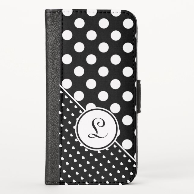 Stylish Black Custom Monogram White Polka Dots iPhone Wallet Case (Front)