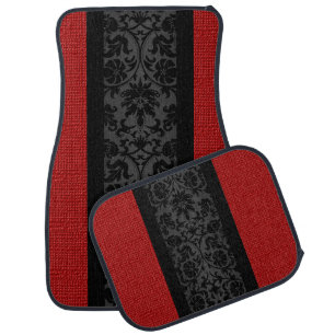 Stylish Black Damask and Red Burlap Pattern Car Floor Mat
