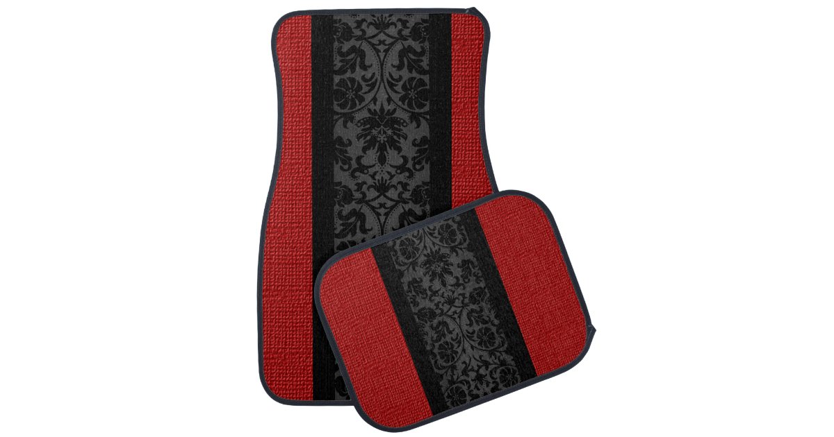 Stylish Black Damask and Red Burlap Pattern Car Floor Mat Zazzle
