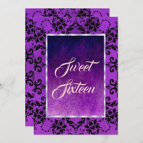 Stylish Black Damask  Gothic Purple Sweet 16 Invitation