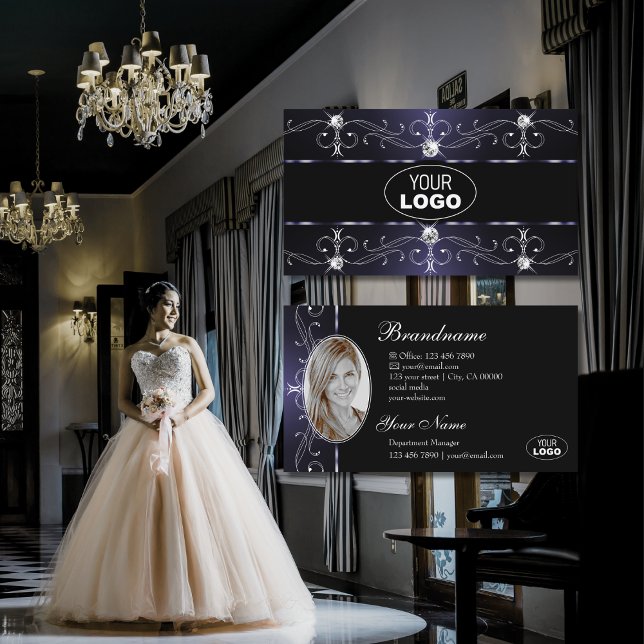 Stylish Black Dark Blue Ornate Borders Logo & Foto Business Card (Creator Uploaded)