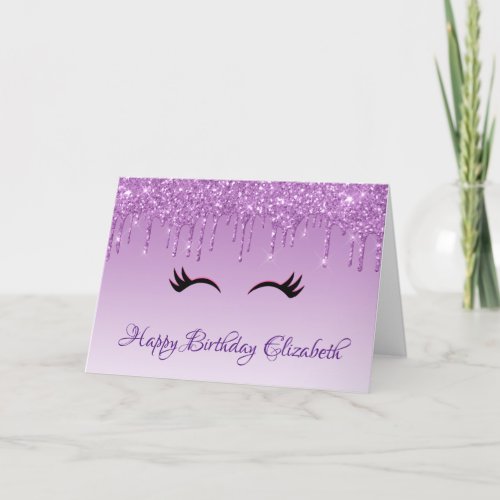 Stylish Black Eyelashes  Purple Glitter Birthday Card