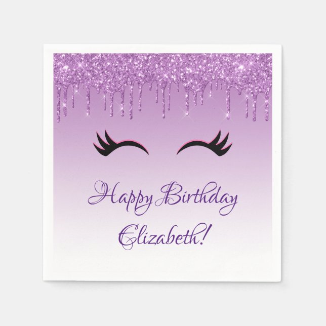 Stylish Black Eyelashes & Purple Glitter Birthday Napkins (Front)