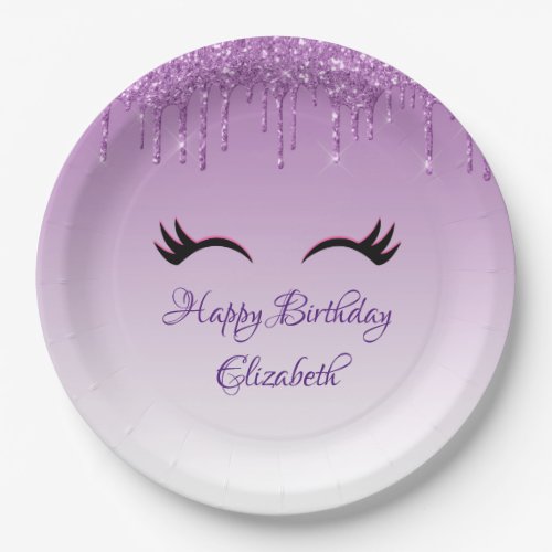 Stylish Black Eyelashes  Purple Glitter Birthday Paper Plates