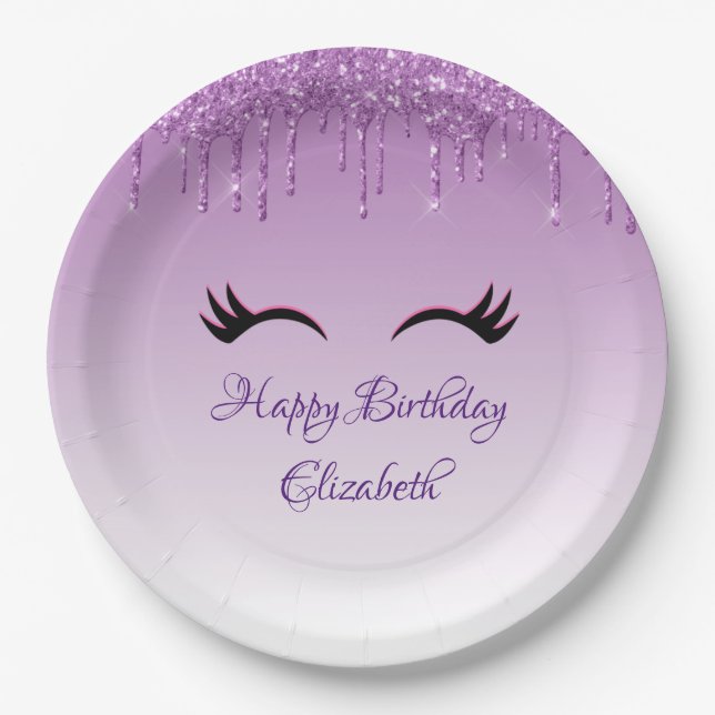 Stylish Black Eyelashes & Purple Glitter Birthday Paper Plates (Front)