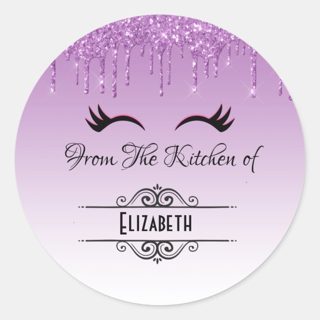 Stylish Black Eyelashes & Purple Glitter Kitchen Classic Round Sticker (Front)