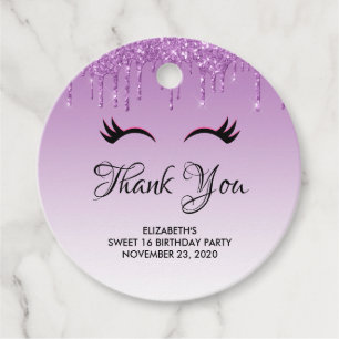 Stylish Black Eyelashes & Purple Glitter Thank You Favor Tags